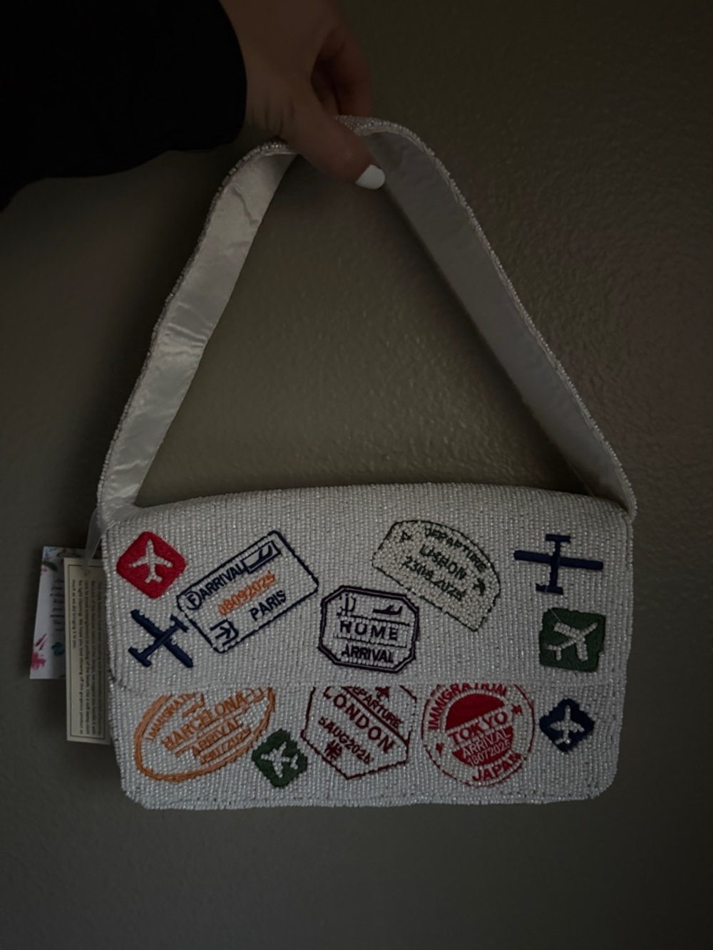 Beaded White Shoulder Bag with Travel Stamp Embroidery